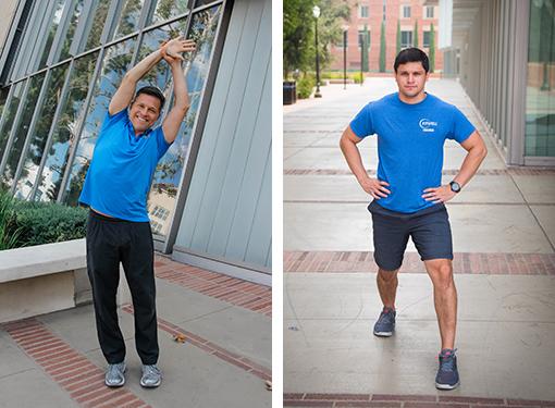 Warm Up to Work stretch examples (overhead stretch and leg stretches)