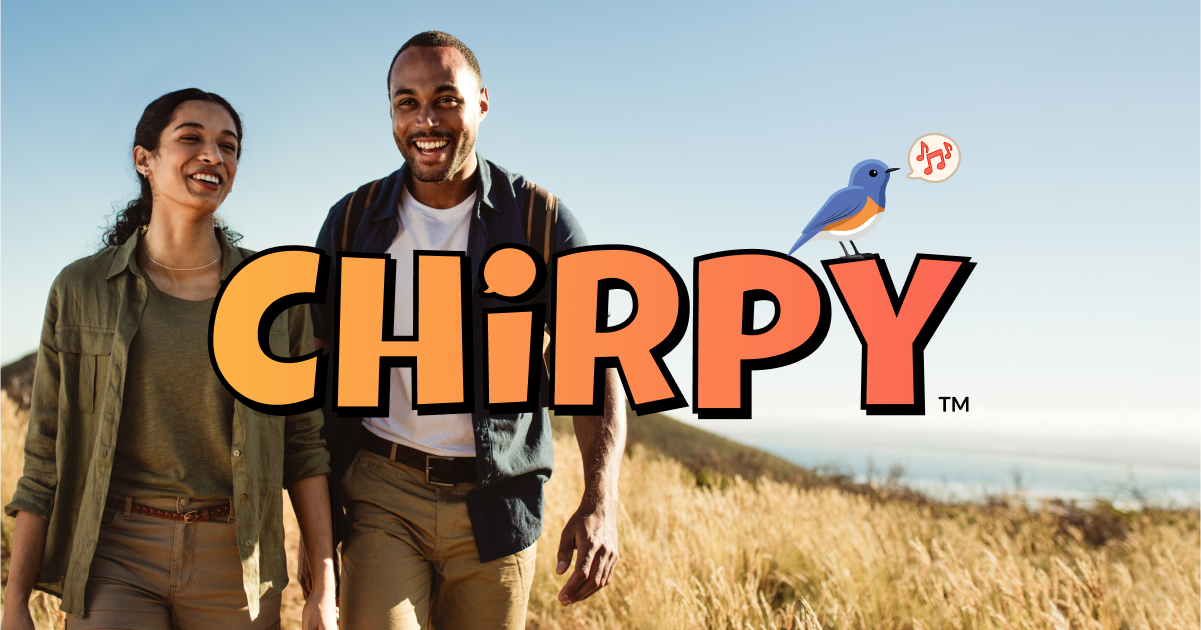 Chirpy logo with couple walking in background